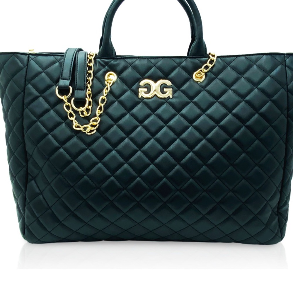 Elegant Black and Gold Quilted large tote with Chain Detail logo in the front.